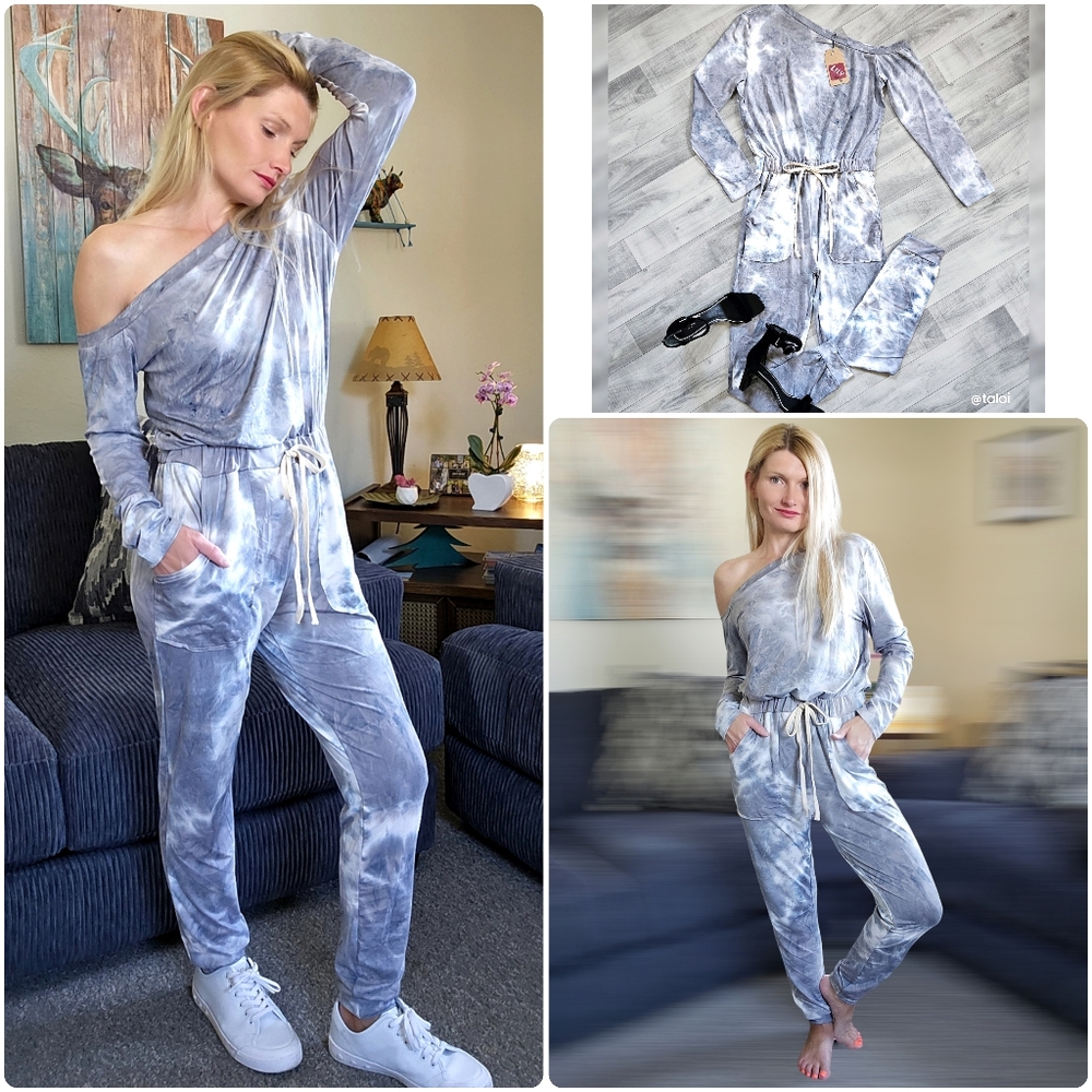 NWT One Shoulder Jogger Jumpsuit in Blue Grey Tie Dye